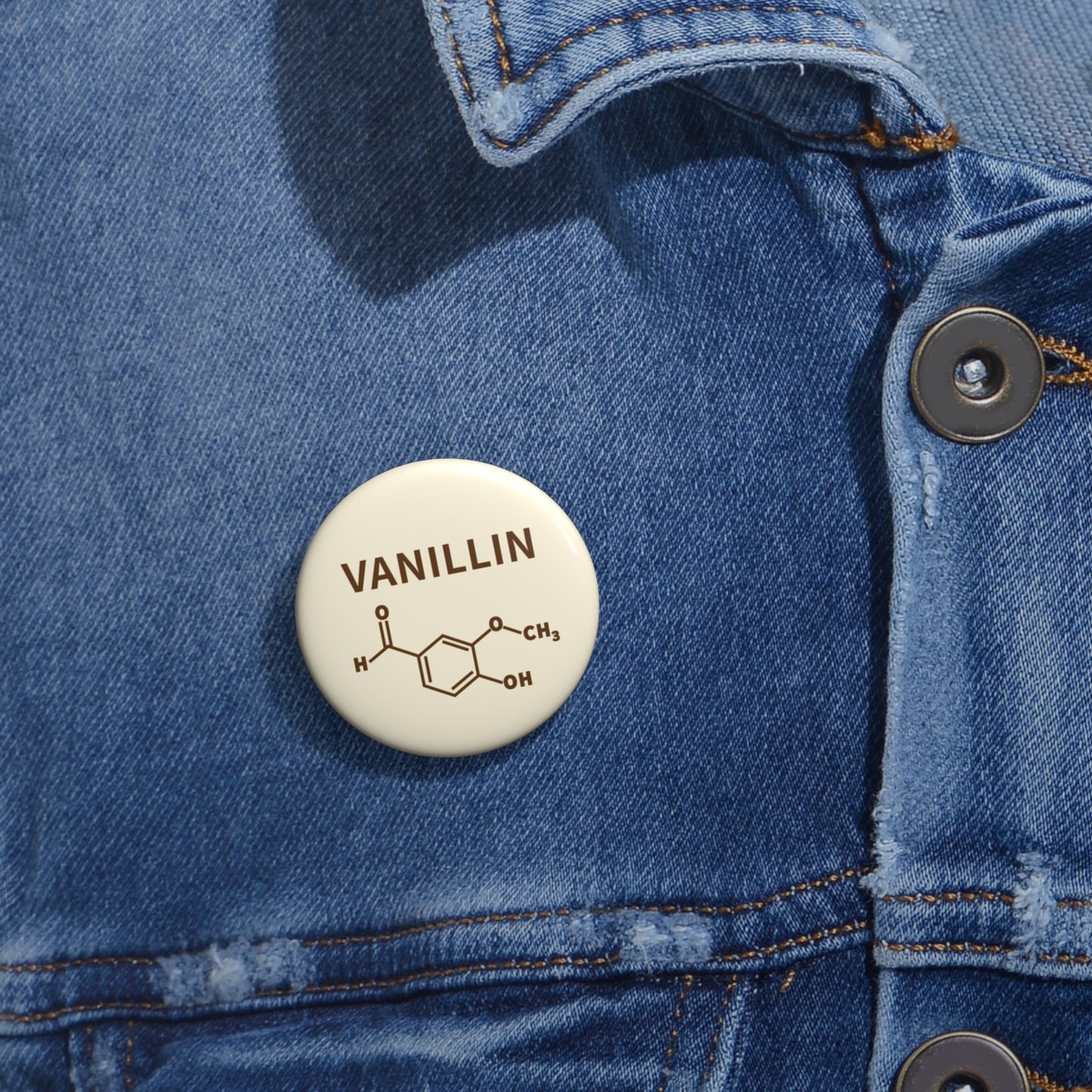 Vanillin Molecule Pin Button — Warmth by Chemistry Badge