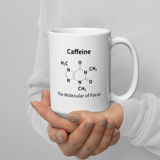 Caffeine mug handle close-up – ceramic science gift showing caffeine chemical structure