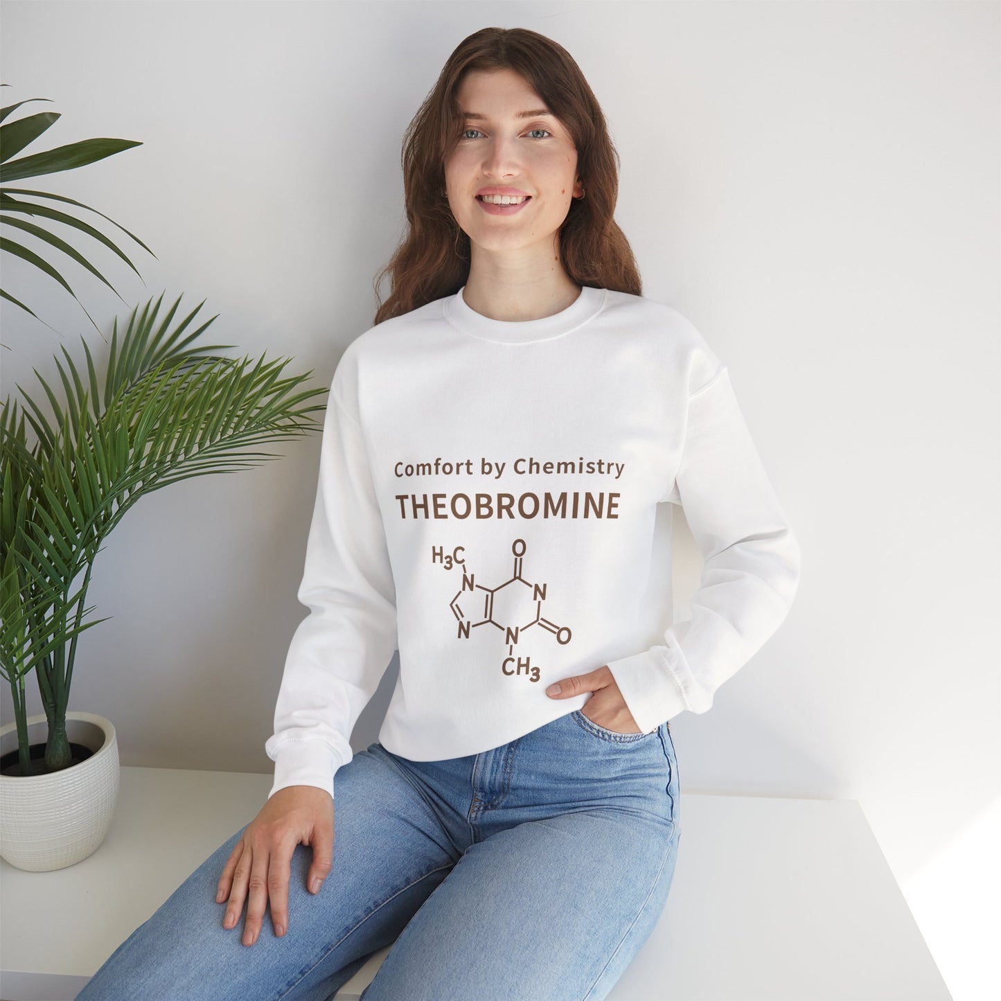 Theobromine Crewneck Sweatshirt — "Comfort by Chemistry" Chocolate Molecule Pullover
