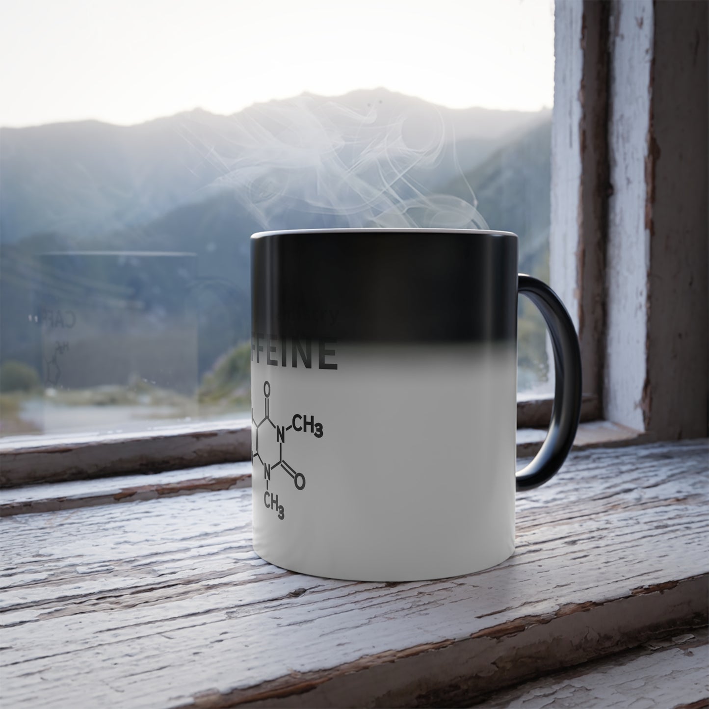 Caffeine molecule appearing on heat activated color changing mug
