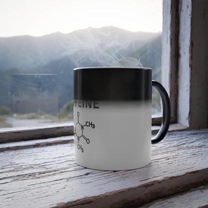 Caffeine molecule appearing on heat activated color changing mug