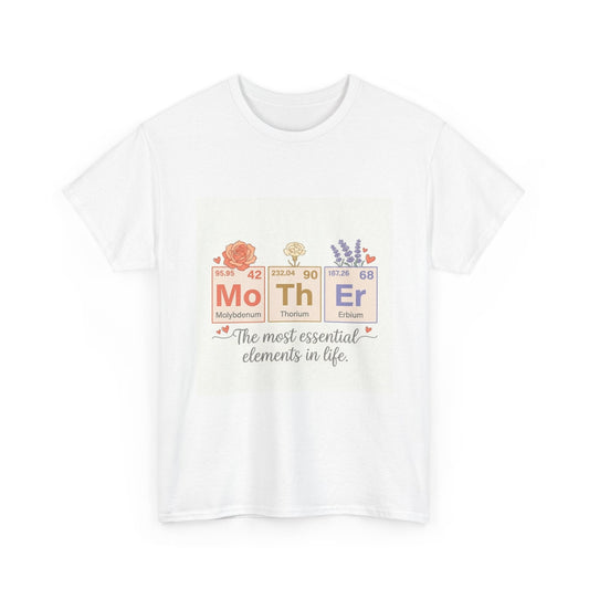 White t-shirt with colorful 'Mother' design on a white background