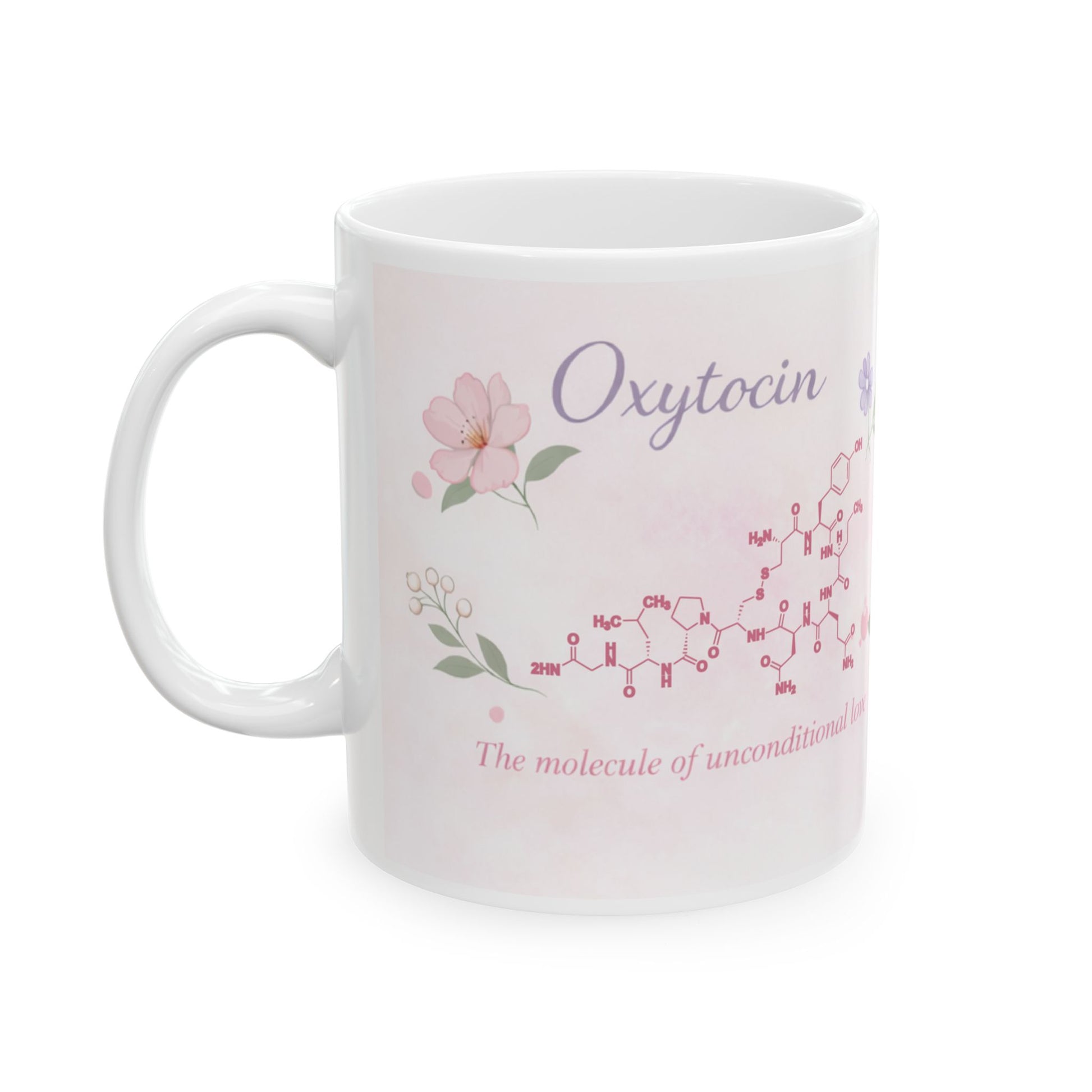White mug with Oxytocin molecule design and floral elements on a white background