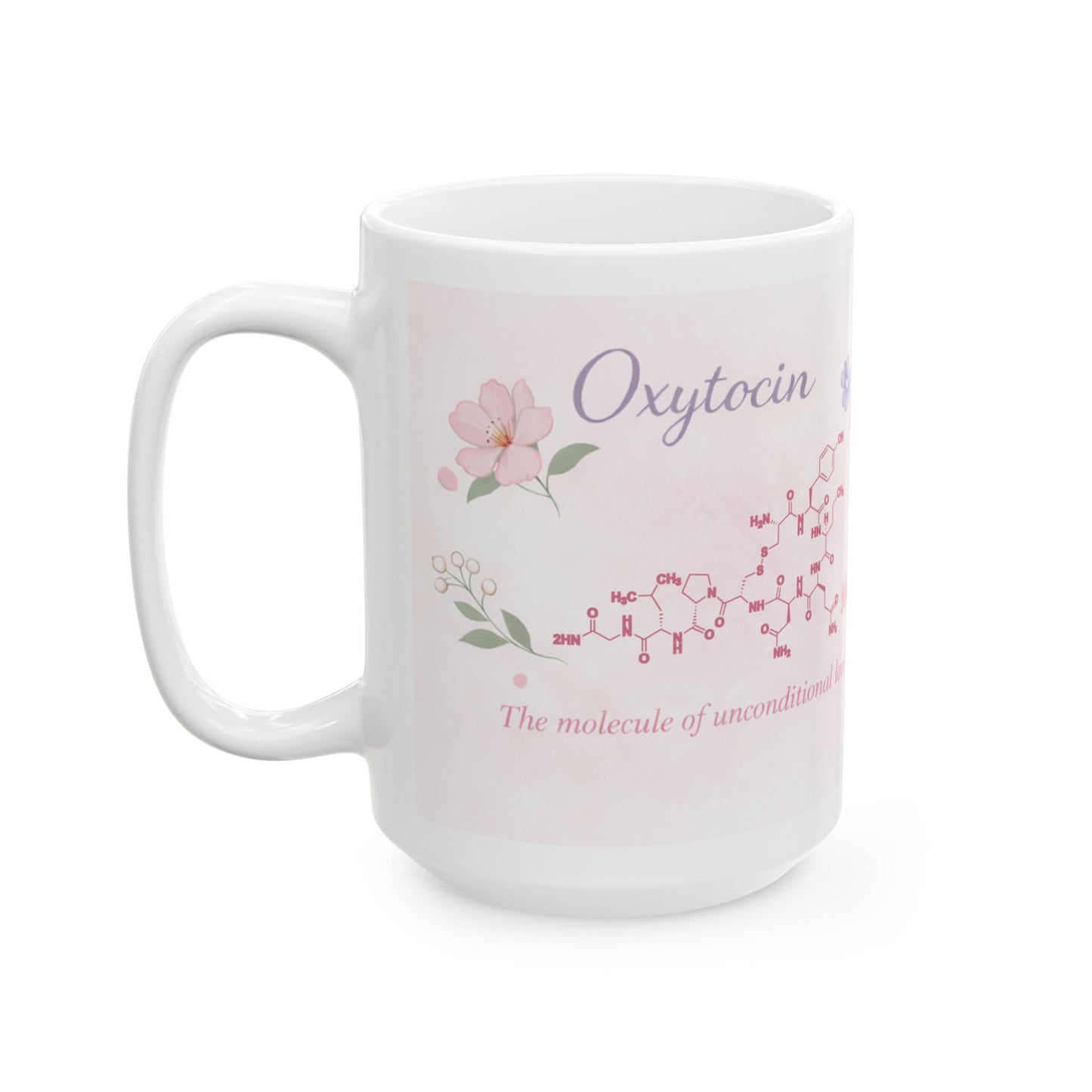 Detailed chemical structure of Oxytocin (C43H66N12O12S2) on ceramic coffee cup