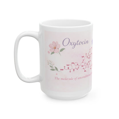 Detailed chemical structure of Oxytocin (C43H66N12O12S2) on ceramic coffee cup