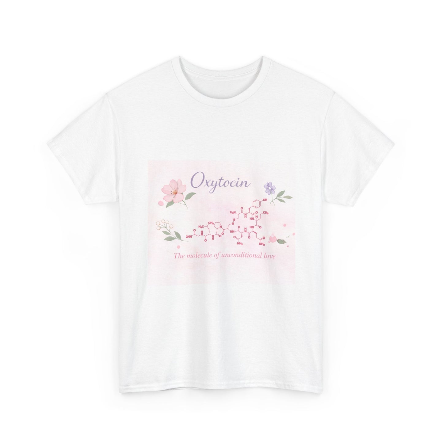White t-shirt with floral design and text on a white background