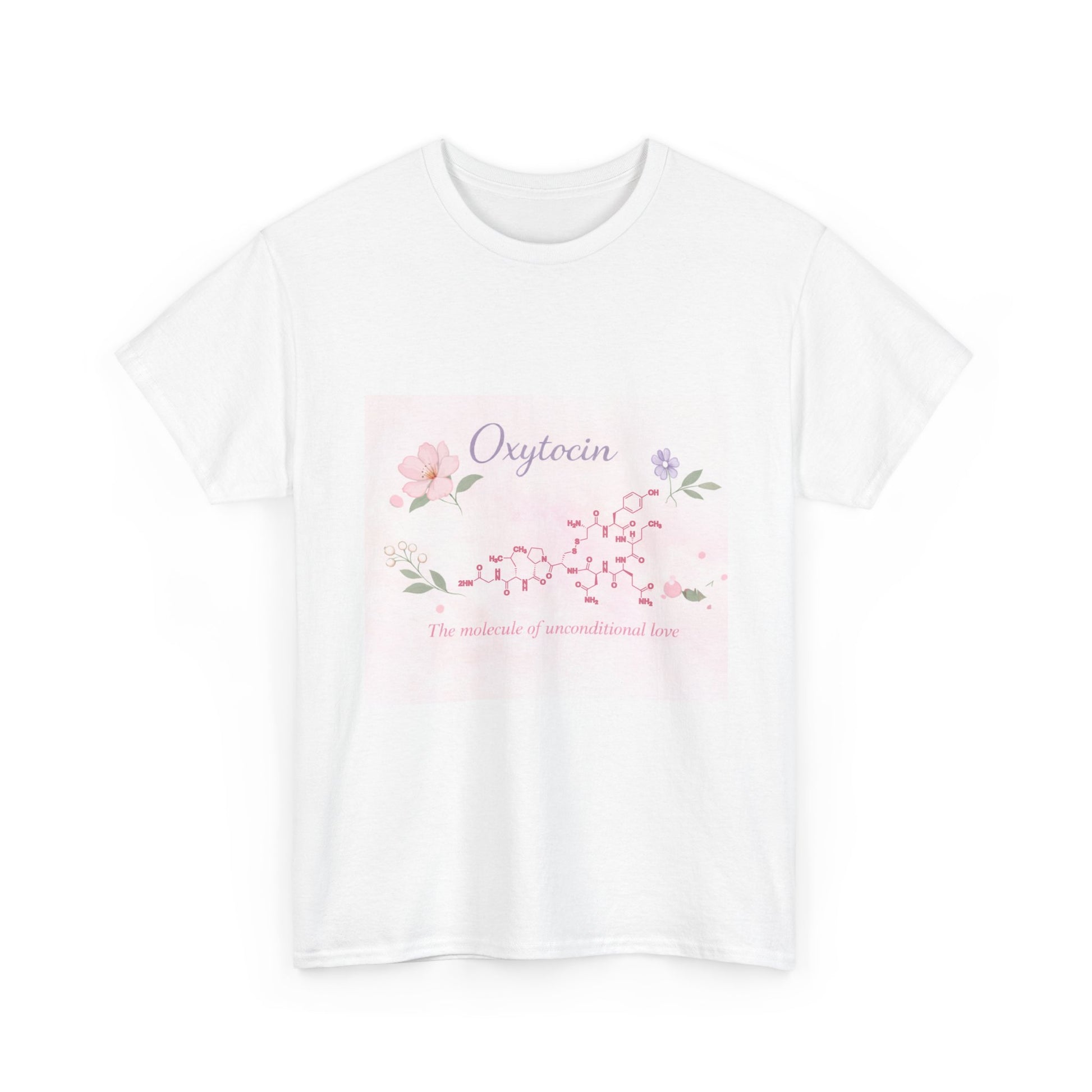 White t-shirt with floral design and text on a white background