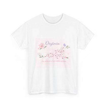 White t-shirt with floral design and text on a white background