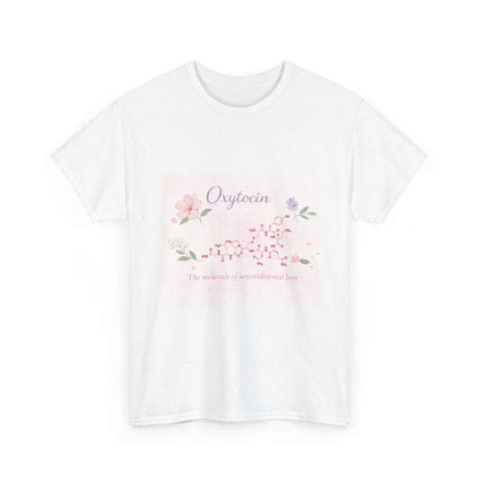 White t-shirt with floral design and text on a white background