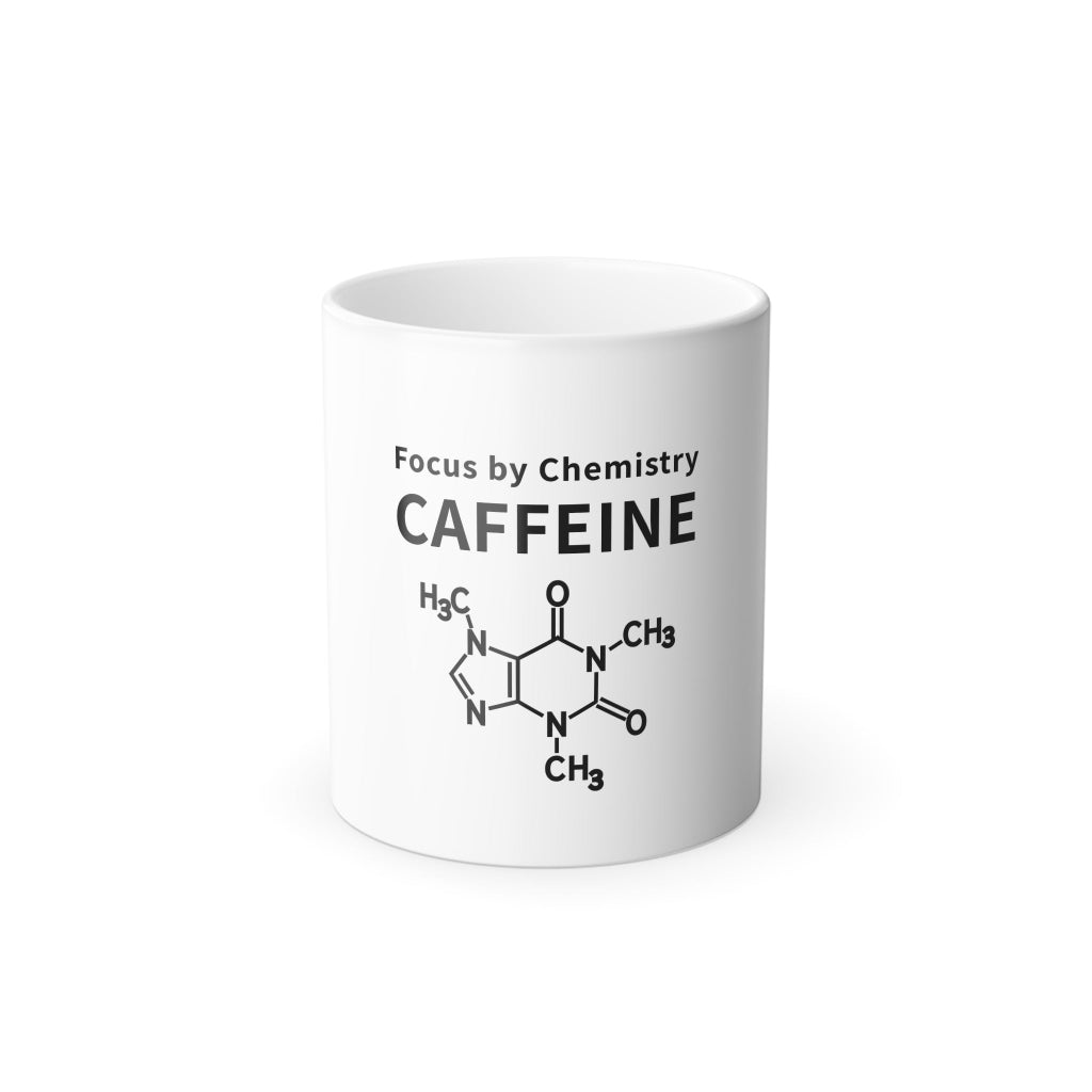 White mug with 'Focus by Chemistry CAFFEINE' text and caffeine molecule diagram on a white background