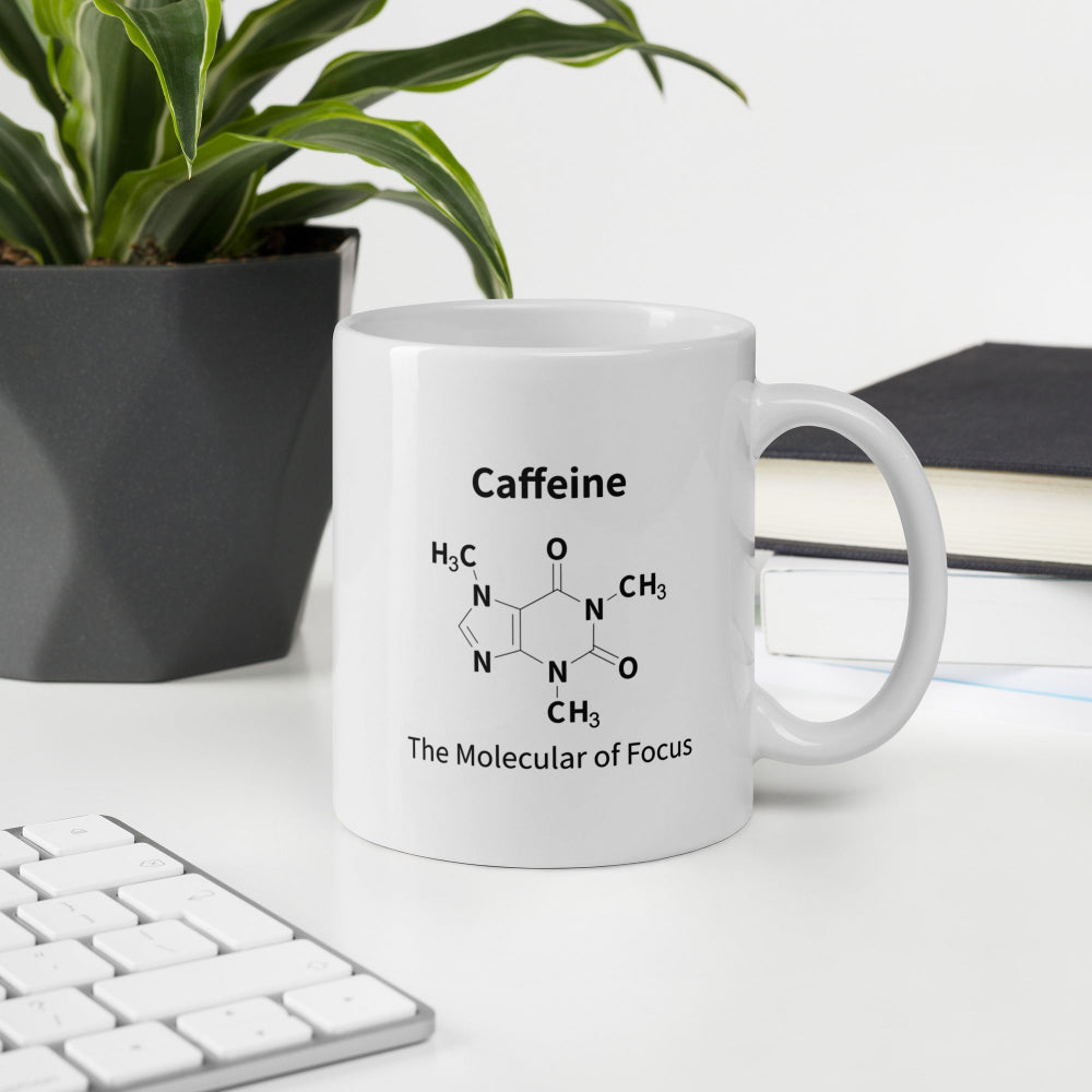 Caffeine molecule mug on office desk – science gift for chemistry students and coffee lovers