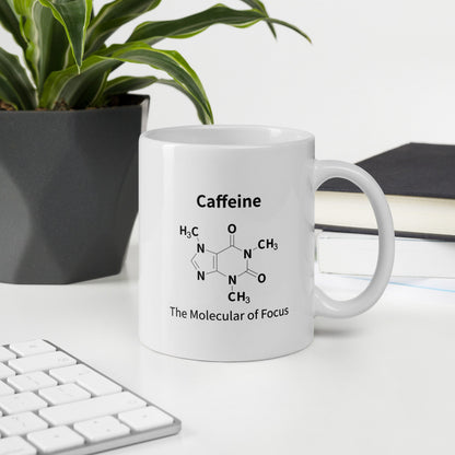 Caffeine molecule mug on office desk – science gift for chemistry students and coffee lovers